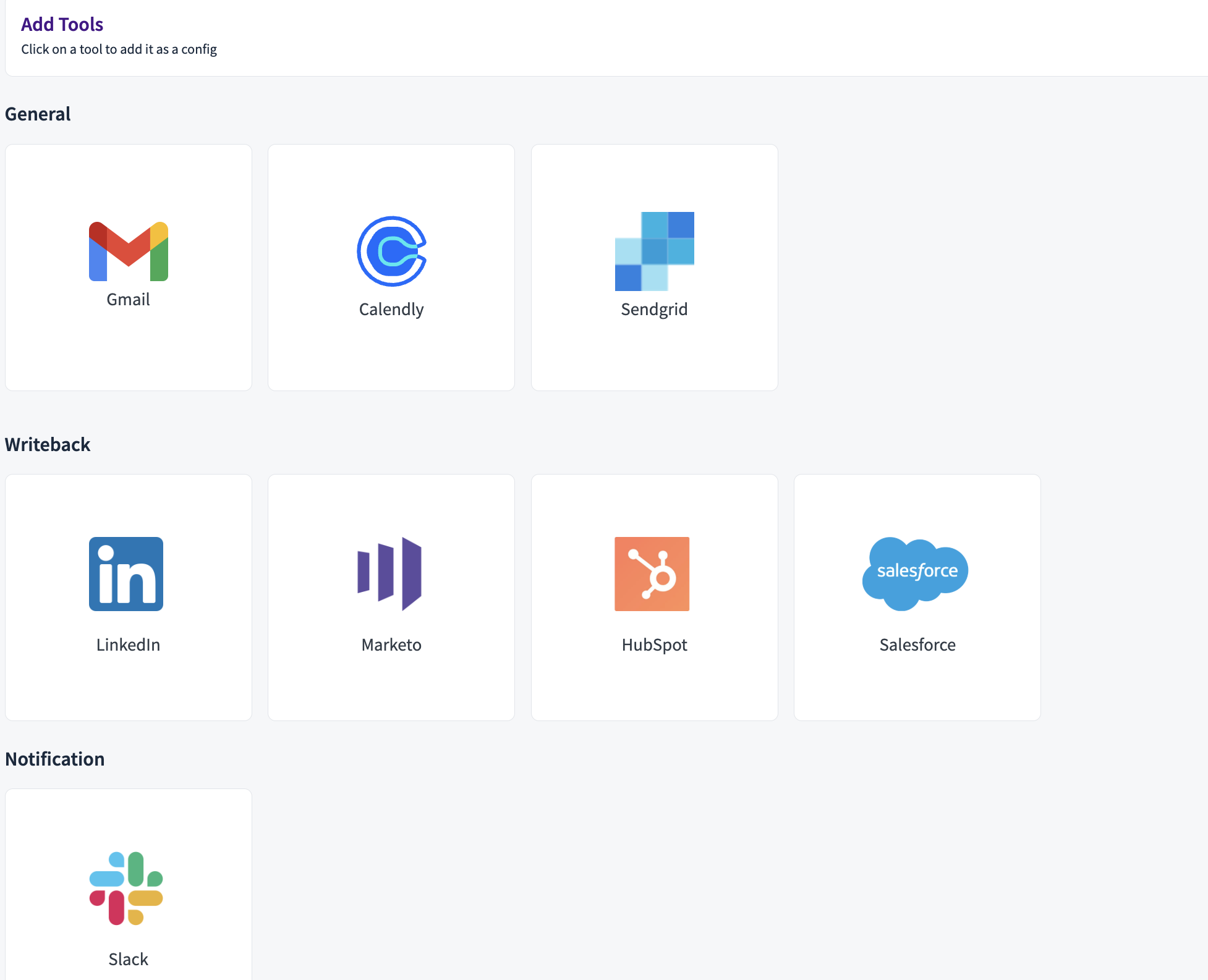 Various tools for integration including Gmail, Salesforce, and Slack displayed in a grid.